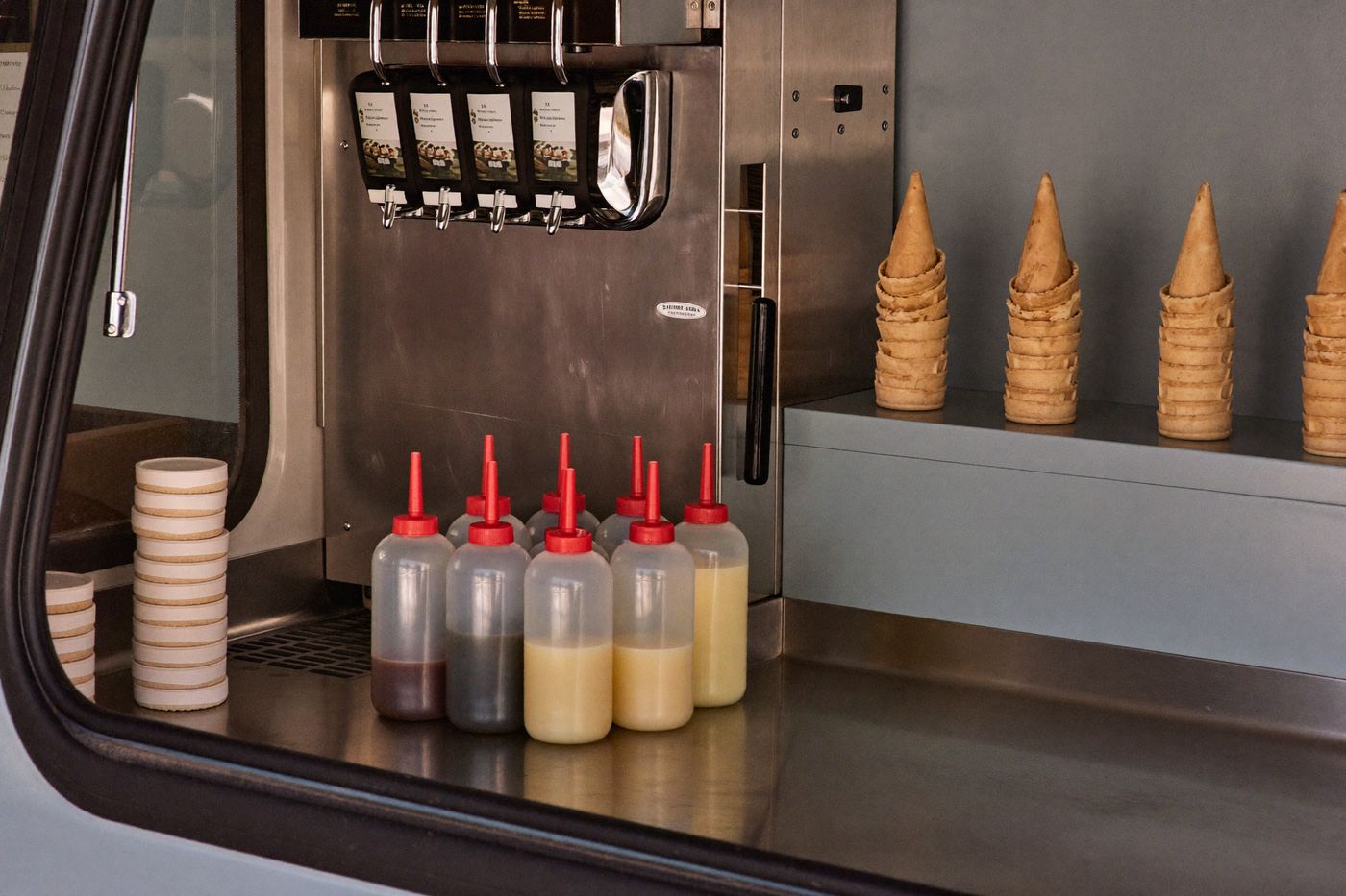 Inside a soft-serve ice cream van showing the machine, sauce bottles and cones